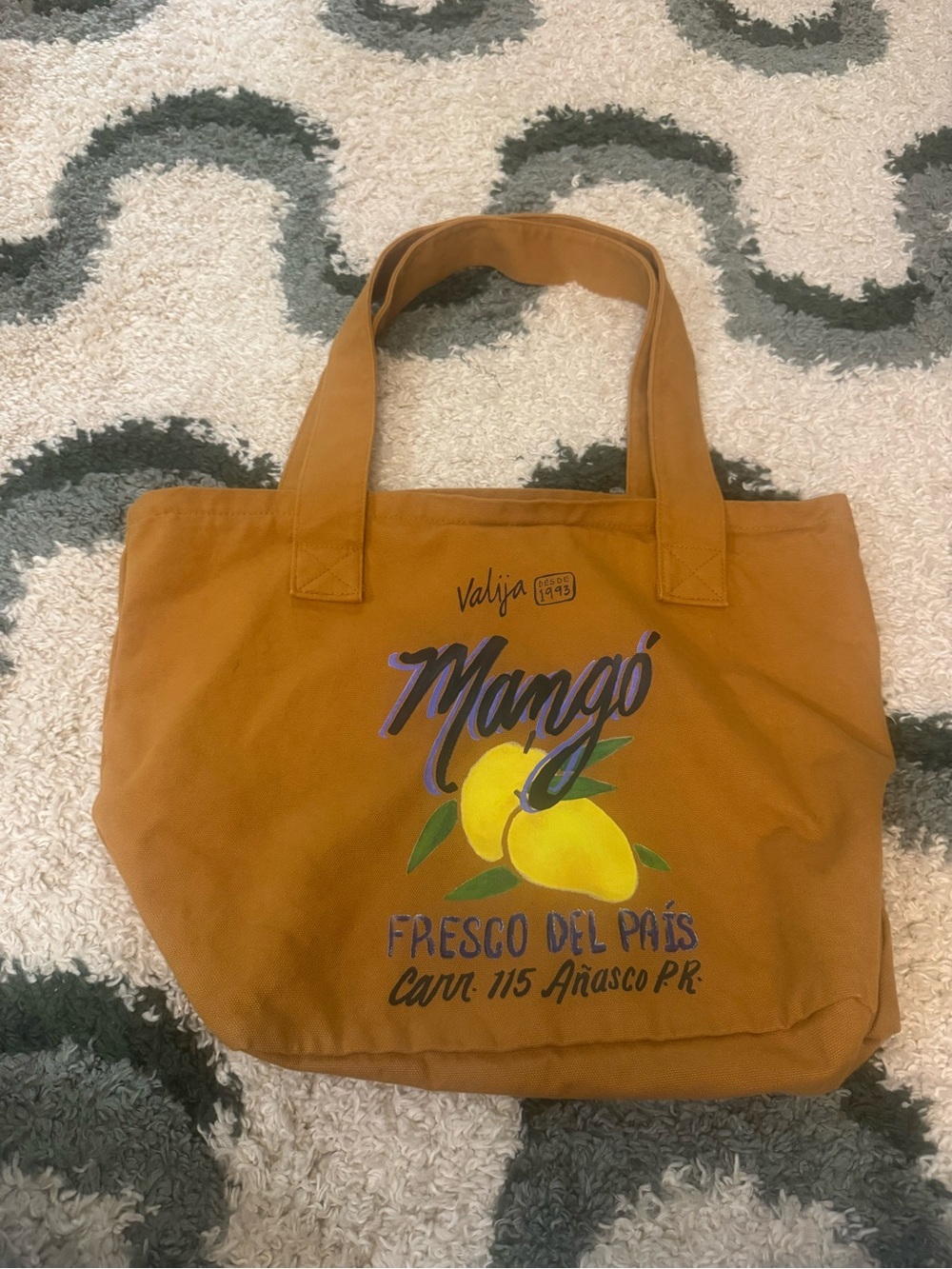 Puerto Rico Mustard Canvas Tote with Yellow Mango Graphic